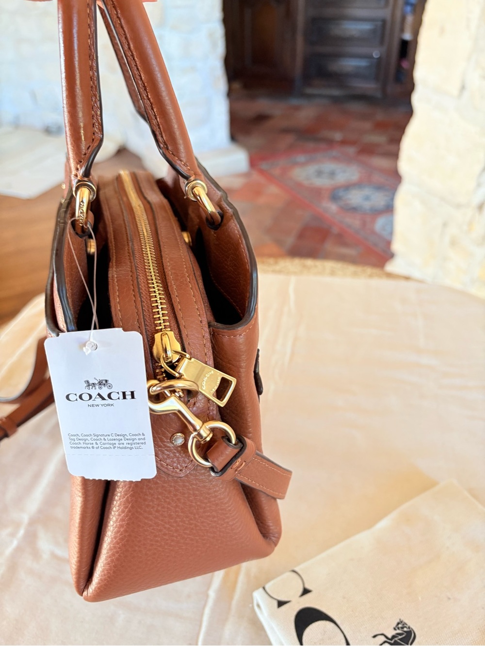 Coach Brown Leather Satchel with Floral Appliqués - Picture 7 of 10